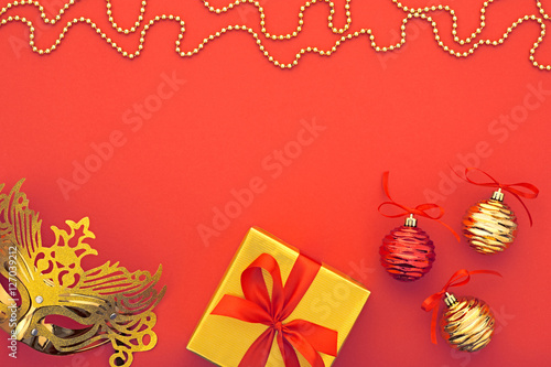 Christmas background decoration, Christmas holiday Gift box, Glamour Masquerade Mask. New Year 2017. Happy XMAS Design Ornament. Festive Art christmas Greeting Card. Gold Party accessories, Stars