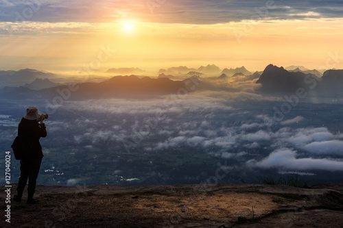 The landscape photo  beautiful sea fog in morning time at Sunrise Viewpoint  Phu Kradueng National Park in Thailand