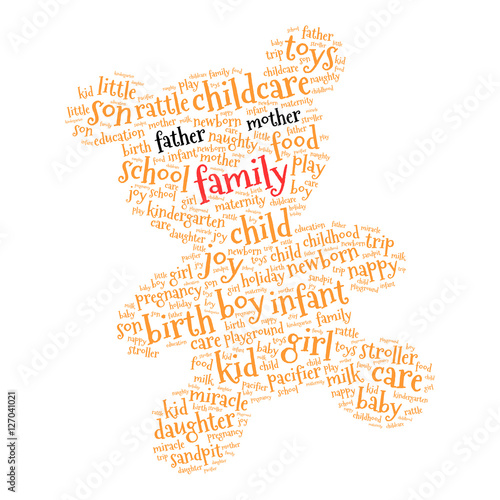 Family. Word cloud teddy bear, white background. Family concept.