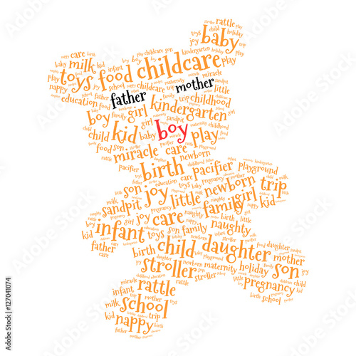 Boy. Word cloud teddy bear, white background. Family concept.