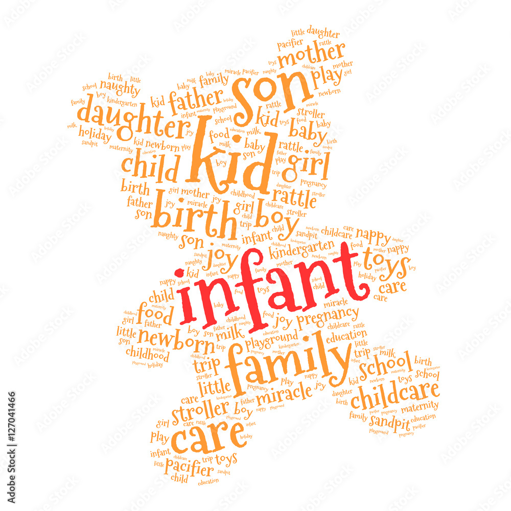 Infant. Word cloud teddy bear, white background. Family concept.