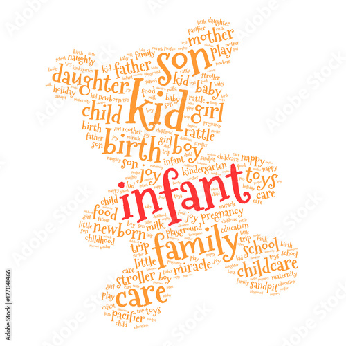Infant. Word cloud teddy bear, white background. Family concept.