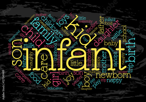 Infant. Word cloud, grunge background. Family concept.