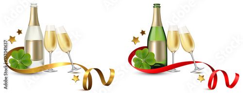 Silvester  Set -  Sektflasche und Gläser mit Sterne und Band