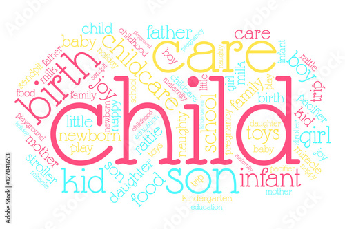 Child. Word cloud, italic font, white background. Family concept.