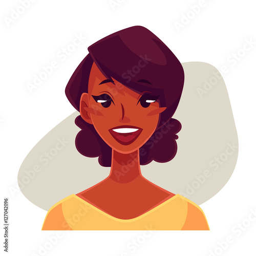 Pretty African girl, wow facial expression, cartoon vector illustrations isolated on gray background. Black woman surprised, amazed, astonished. Surprised, wow face expression