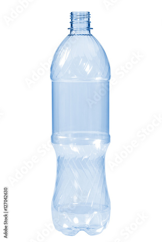 New, clean, empty plastic bottle blue color on white background