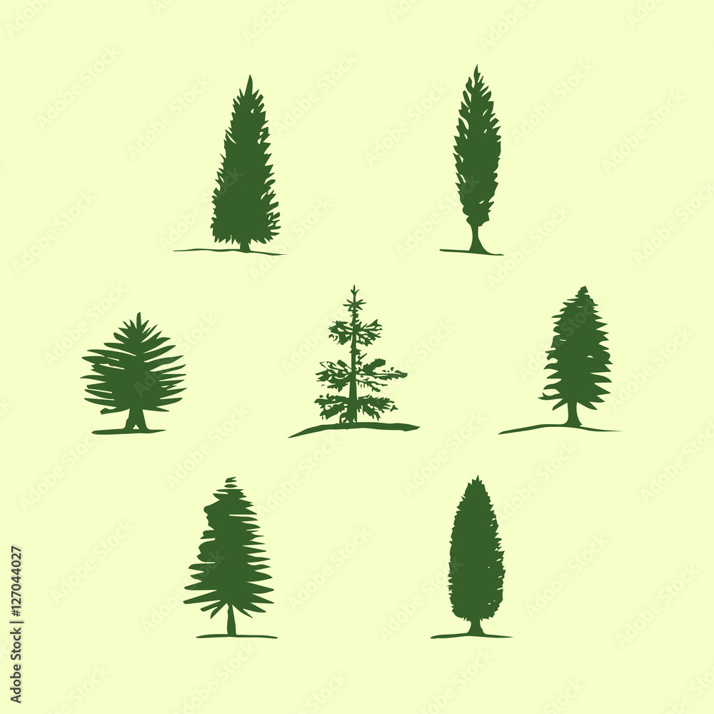 Set of hand drawn sketch trees - pine, fir tree, cypress. Christmas tree