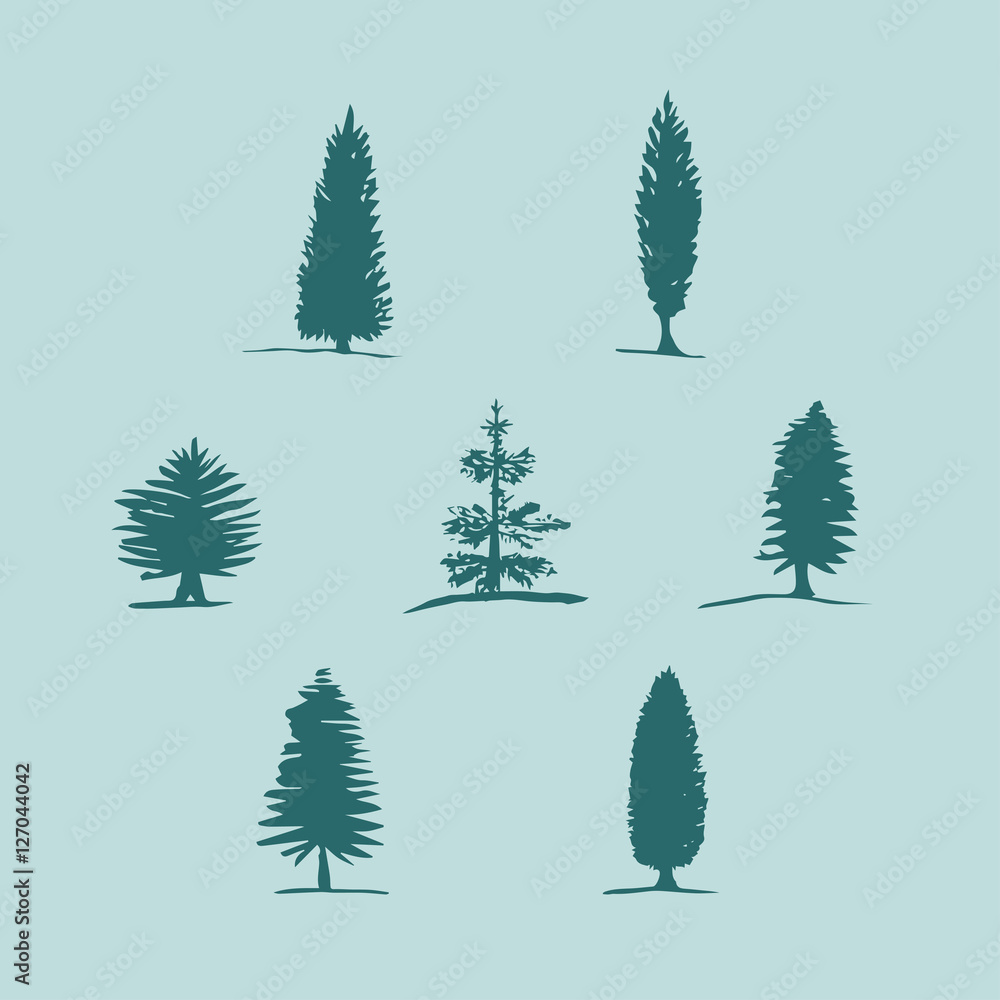 Set of hand drawn sketch blue trees - pine, fir tree, cypress.