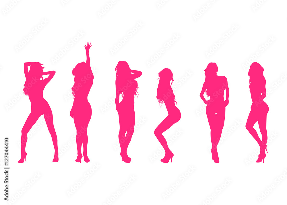 Icono plano siluetas de mujeres desnudas rosa sobre fondo blanco