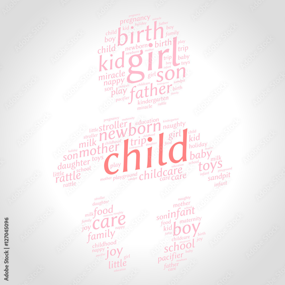 Child. Word cloud, baby silhouette, gradient grey background. Family concept. Child. Word cloud, baby silhouette, gradient grey background. Family concept.