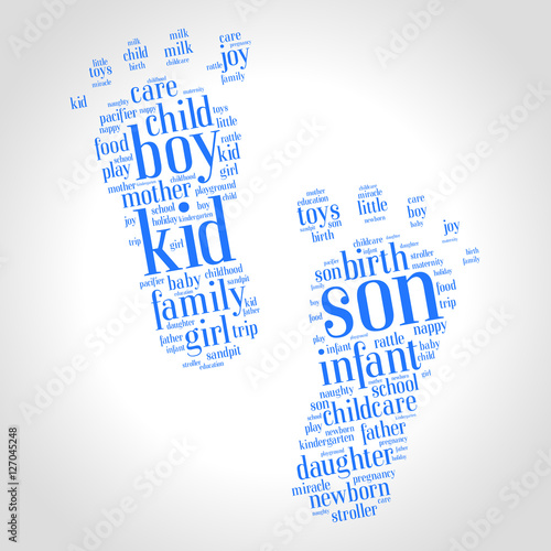 Son. Word cloud, foot, gradient grey background. Family concept.