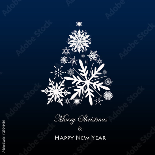 White snowflake Christmas tree on green background. Christmas card