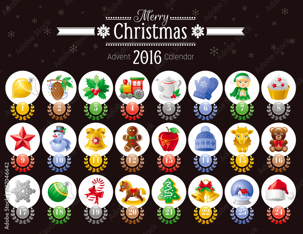 Merry Christmas icon set with Xmas icons, advent calendar 2016 background.  Elegant modern holiday symbols, abstract template - candy cane, Santa hat,  elf helper, apple, gift toy, tree, jingle bell Stock Vector |
