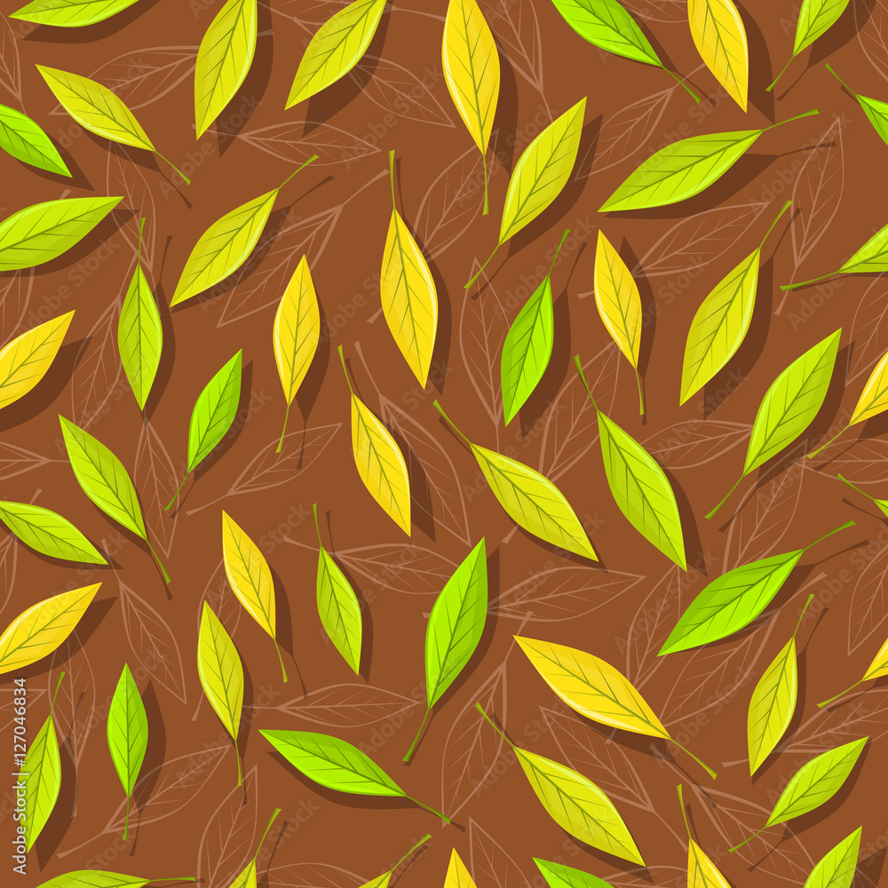 Seamless Pattern with Autumn Leaves on Brown