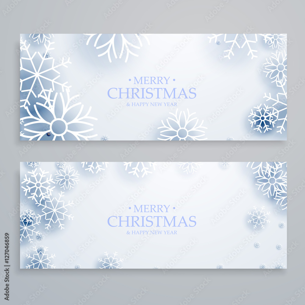 clean white merry christmas banners set with snowflakes