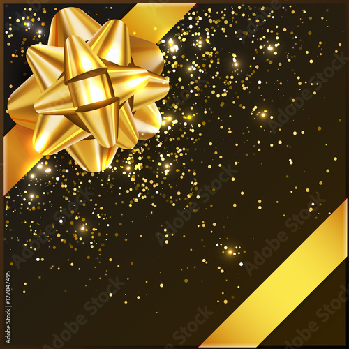Gold Christmas Bow with confetti on gift box, vector illustration