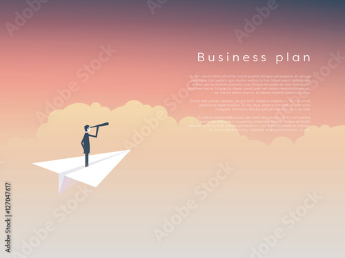 Businessman on a paper plane as symbol of business leadership, vision, strategy, plan.
