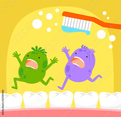 Cartoon germs running away from toothbrush