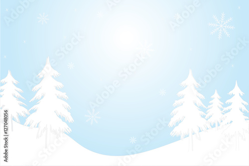 Winter mountain Christmas landscape with fir trees silhouette and snowflakes. Vector © miztanya