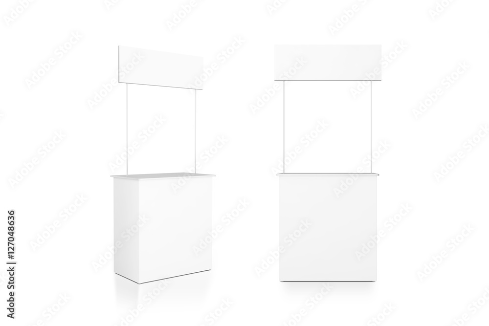 Blank white promo counter mockup stand, front and side view, clipping path, 3d rendering. Empty promotional pop up exhibition mock up. Clear store portable desk template. Trade kiosk presentation. Blank white promo counter mockup stand, front and side view, clipping path, 3d rendering. Empty promotional pop up exhibition mock up. Clear store portable desk template. Trade kiosk presentation.