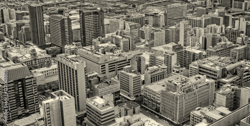 Johannesburg  South Africa - December 21  2013  Johannesburg Central Business District has the most dense collection of skyscrapers in Africa. Johannesburg from aerial view. Old photo. Retro. Vintage