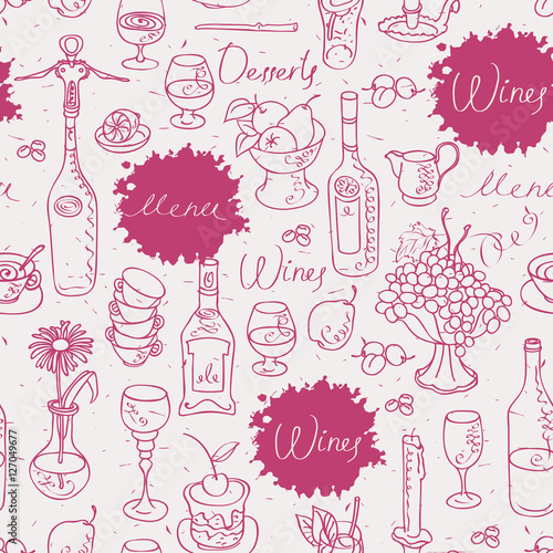 seamless texture background on the topic of wine with cutlery and kitchenware
