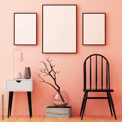 mockup posters in the frame on a light background in the interior. 3d