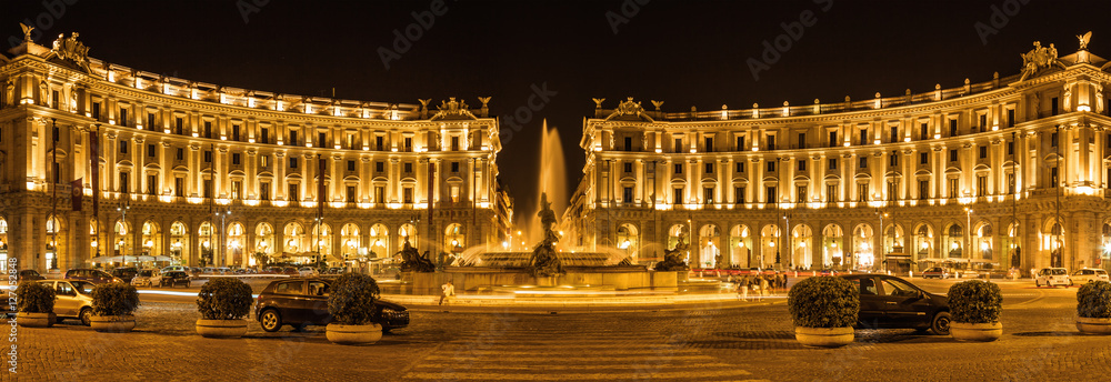 Night panoramic view of famous fountain of Naiads at Piazza della Repubblica in Rome, Lazio region, Italy.