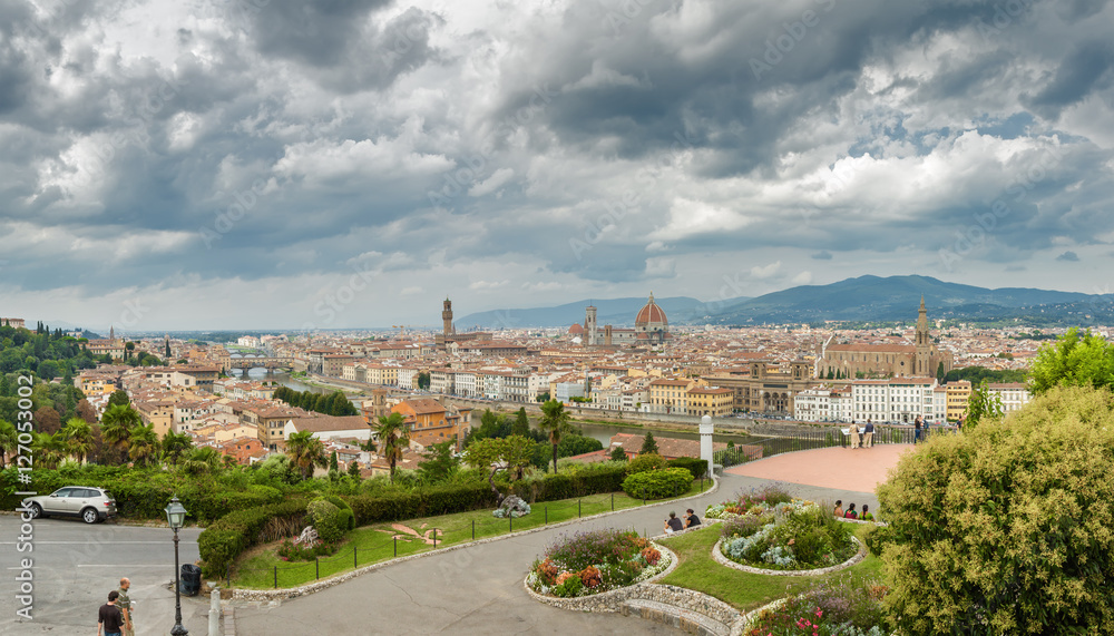 Cloudy panoramic view of Florence from viewpoint, Toscana region, Italy.