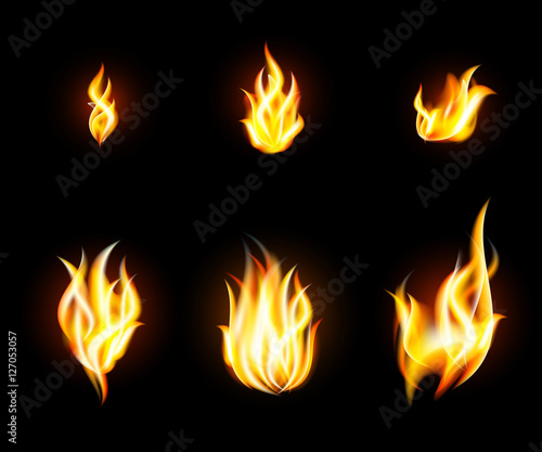 Vector transparent fire flames set on dark background
