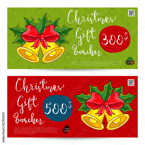 Christmas gift voucher template. Gift coupon with Xmas attributes and prepaid sum. Christmas bells with holly leaves and ribbon bow cartoon vectors. Merry Christmas and Happy New Year greeting card