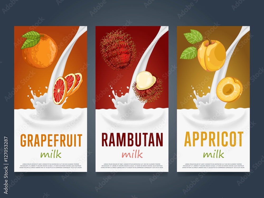 Plakat Milkshake concept with milk splash and fruit vector illustration. Milk dessert, yogurt, fruit mix, cocktail drink, fruit smoothie with grapefruit, rambutan, apricot packaging design template. Dairy