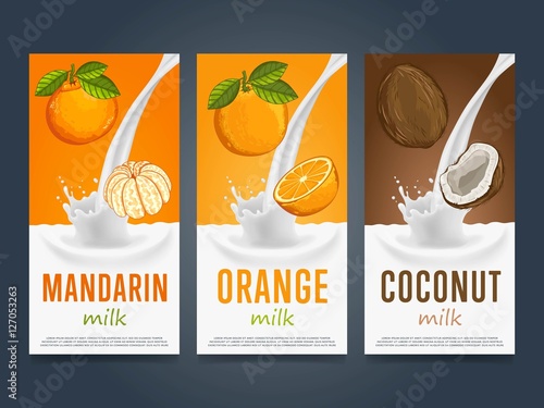 Milkshake concept with milk splash and fruit vector illustration. Milk dessert, yogurt, fruit mix, cocktail drink, fruit smoothie with mandarin, orange, coconut packaging template. Dairy product.