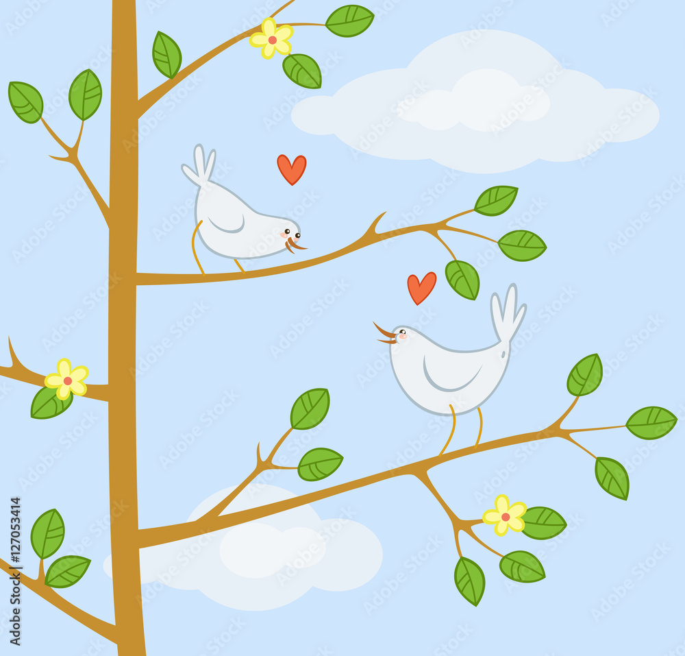 Two cute cartoon birds on the tree. Vector illustration