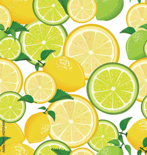 A seamless lemon and lime pattern on white background