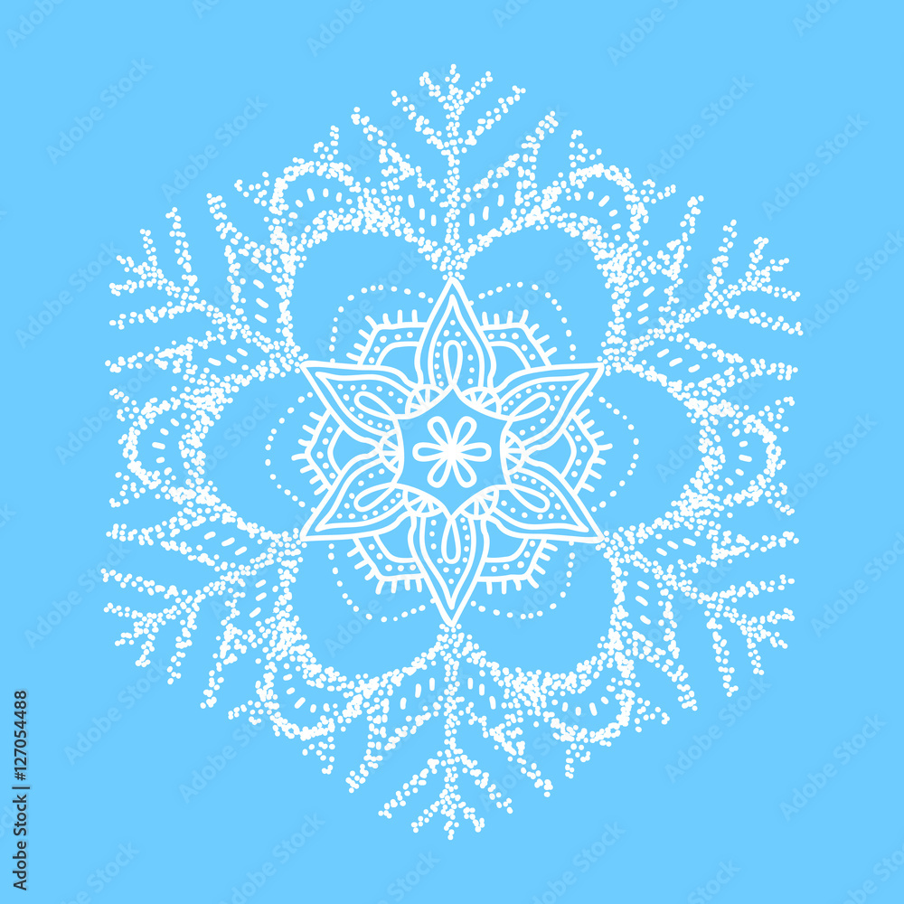 Snowflake vector mandala on blue background. White outline snowflake ornament. New year design. Snowflake vector mandala on blue background. White outline snowflake ornament. New year design.