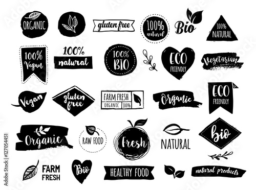 Bio, Ecology, Organic logos and icons, labels, tags. Hand drawn bio healthy food badges, set of raw, vegan, healthy food signs, organic and elements set