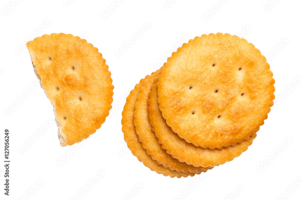 Dry cracker cookies isolated on white background cutout, top view, concept of food Dry cracker cookies isolated on white background cutout, top view, concept of food