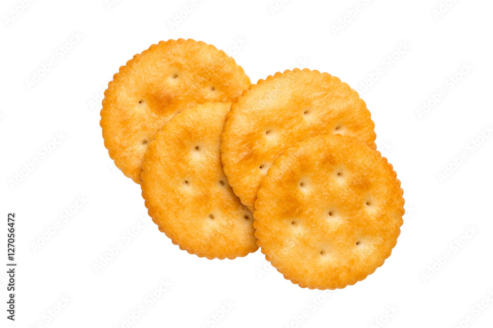 Dry cracker cookies isolated on white background cutout, top view, concept of food