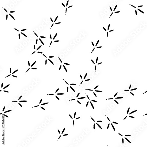 Bird footprints black and white seamless pattern. Monochrome vector background 