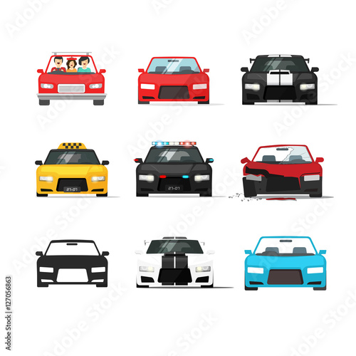 Cars icons set vector illustration isolated on white background, black auto collection front view, flat style vehicles, sport, taxi, police automobile, tuned and broken car
