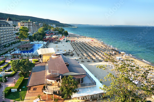 Resort Sunny Beach Bulgaria panorama of the beach and hotels. Panoramic view Sunny Beach Bulgaria.