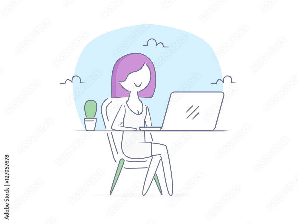 Premium Quality Line Icon And Concept Set: Young beautiful businesswomen work on portable laptop computer, freelancer, girl at workplace. Premium Quality Line Icon And Concept Set: Young beautiful businesswomen work on portable laptop computer, freelancer, girl at workplace.