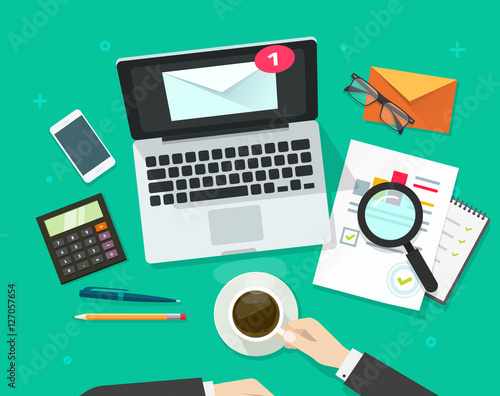 Email marketing vector illustration, auditor person working on workdesk with laptop, envelope, email analyzing or inspecting newsletter campaign data, analytic table top view
