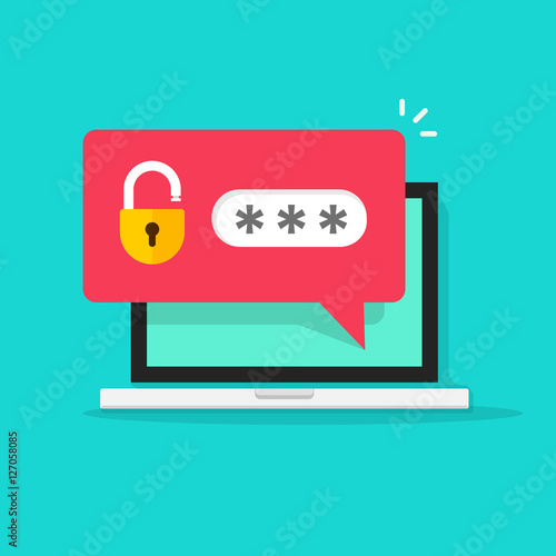 Laptop with password secure notification and lock notice icon vector illustration isolated on white, concept of security, personal access, user authorization, login form icon, internet protection
