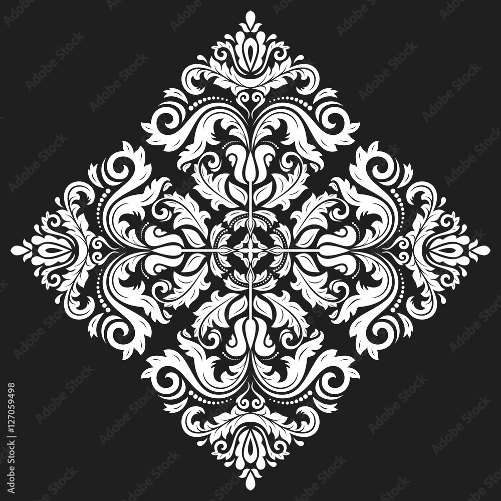 Oriental vector black and white square pattern with arabesques and floral elements. Traditional classic ornament