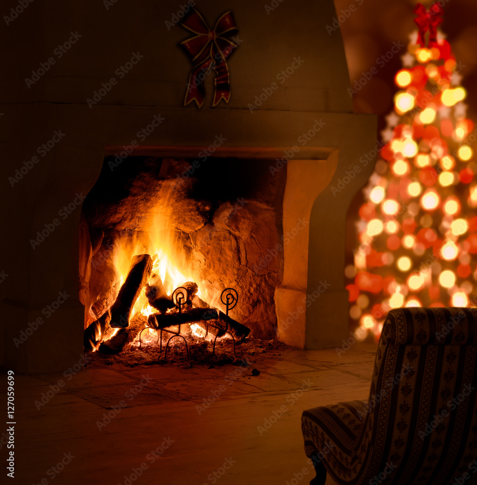 Christmas tree near fireplace. Background with tree, decorations, old