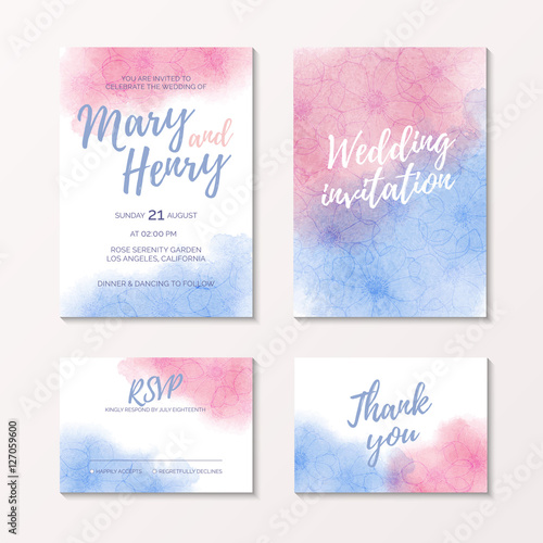 Watercolor wedding invitation of color 2016 Rose Quartz and Serenity with flower anemone, pink and blue watercolour bridal template for thank you and rsvp card, hand drawn vector design