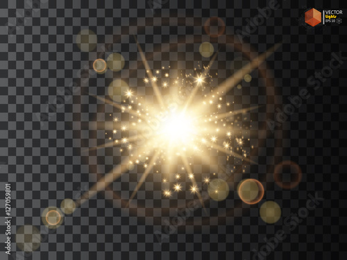 Transparent glow light effect. Star burst with sparkles. Gold glitter
